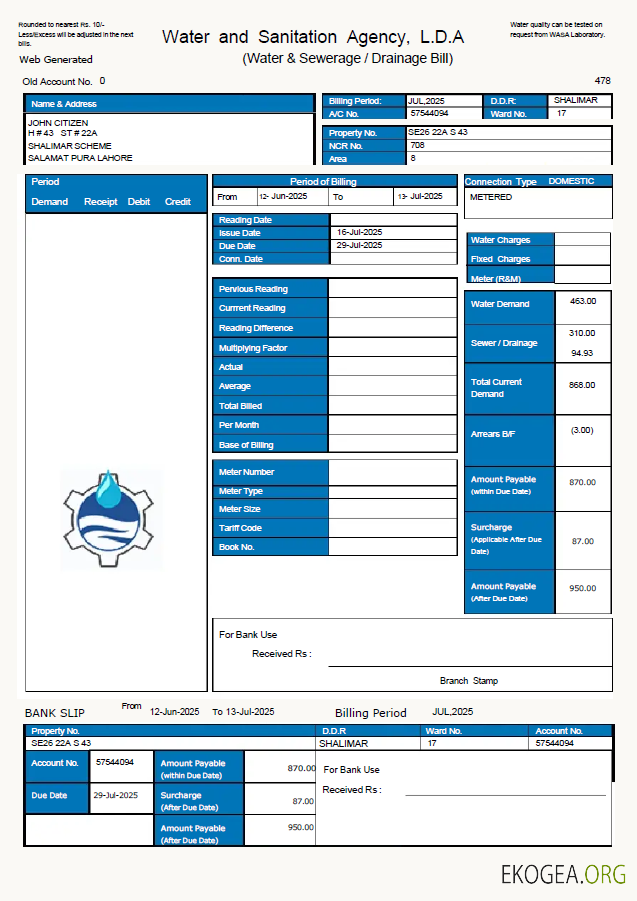 Pakistan WASA utility bill template in Word and PDF formats, version 2
